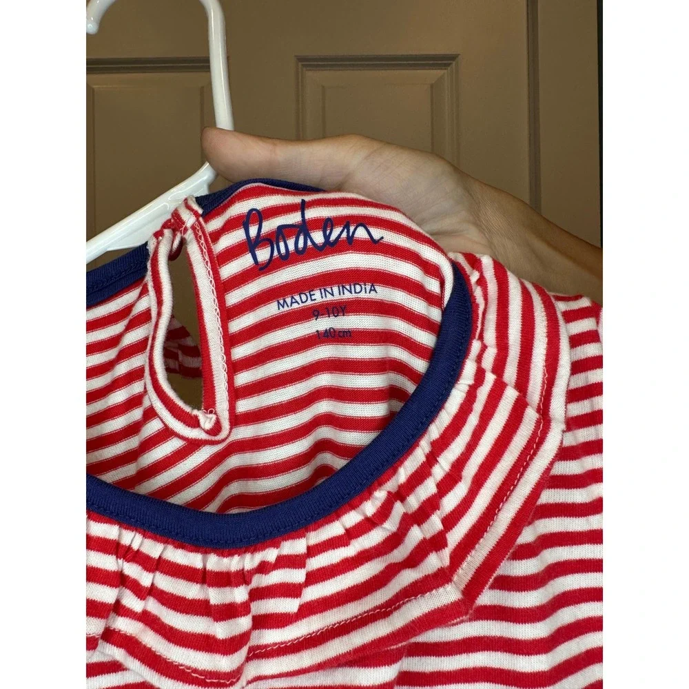 Mini Boden Girls Red White Striped Dress‎ Ruffle Collar Size 9-10Y